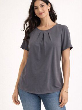 Lands’ End Outfitters Gray Pleated Blouse Top Short Sleeve Work Office Size 14